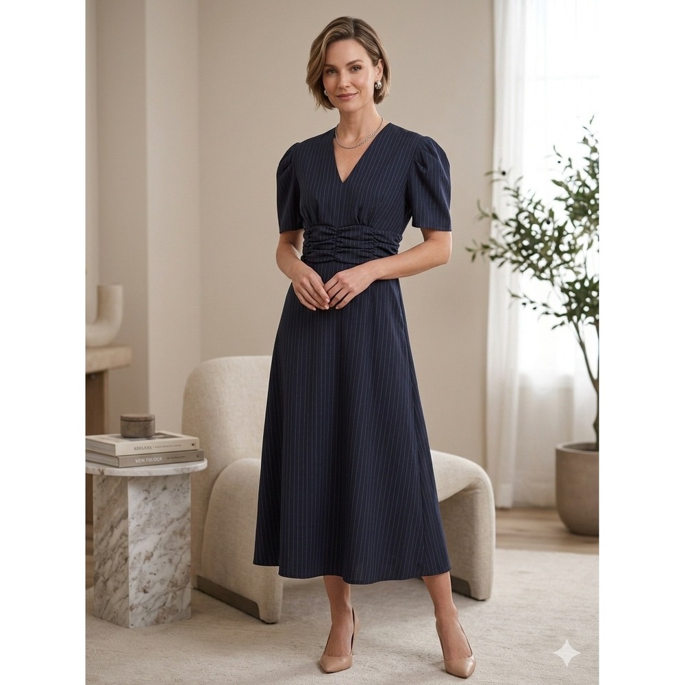 Navy Blue Pinstripe V-Neck Ruched Waist Puff Sleeve Maxi Dress Womens Size M